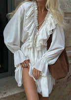 Ruffled Deep V-Neck Long Bell Sleeve Smocked Waist Tiered Mini Dress