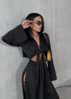 Noir Seduction - Satin Two-Piece Slit Set