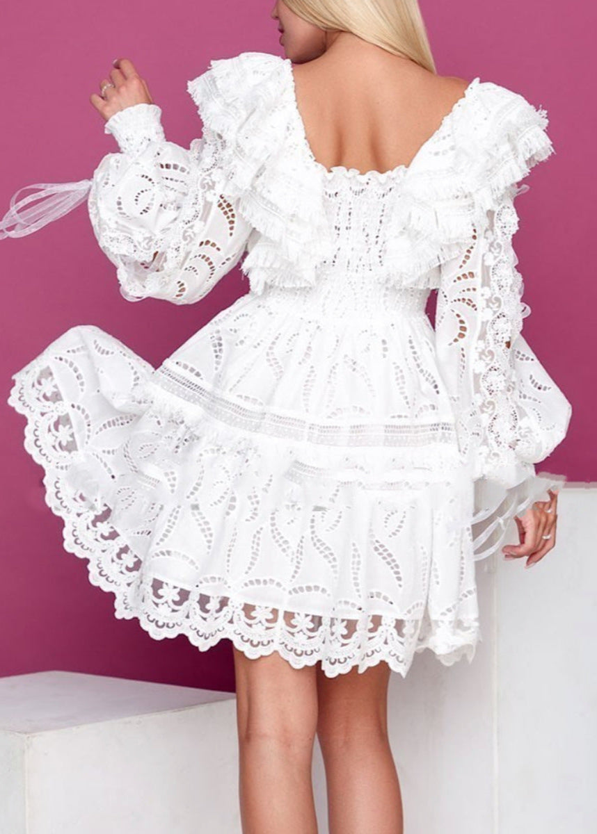 Off Shoulder Eyelet Puff Sleeve Smocked Waist Tiered Lace Mini Dress