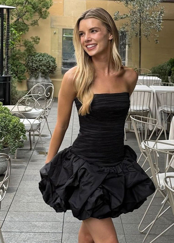 Strapless Ruched Bodice Bubble Hem Fit and Flare Mini Dress