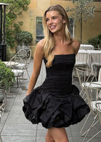 Strapless Ruched Bodice Bubble Hem Fit and Flare Mini Dress