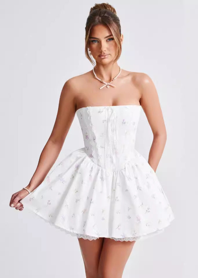 Floral Print Strapless Corset Lace Up Puff Skirt Mini Dress