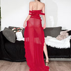 Off shoulder ruffle sheer mesh flower applique see through maxi dress