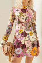 3D Floral Applique Mesh Long Sleeve High Neck Bodycon Mini Dress