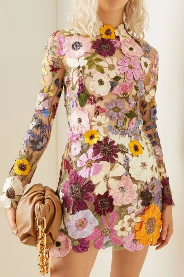 3D Floral Applique Mesh Long Sleeve High Neck Bodycon Mini Dress