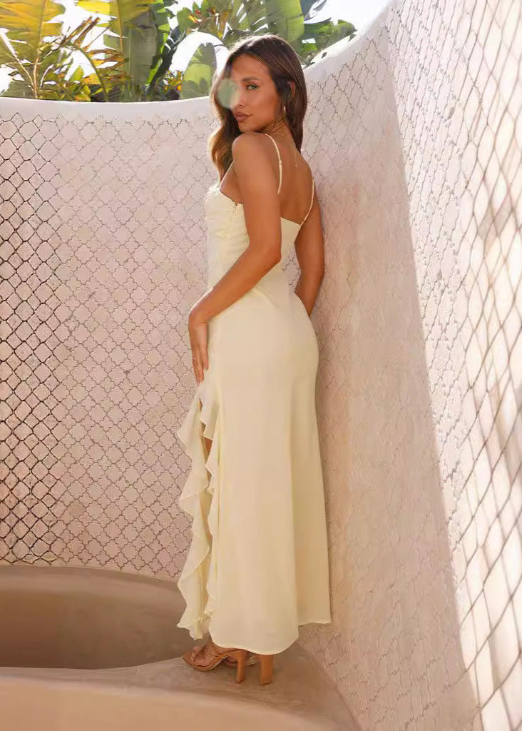 Sweetheart Spaghetti Strap Crossover Twist Ruffle Trim Slit Maxi Dress