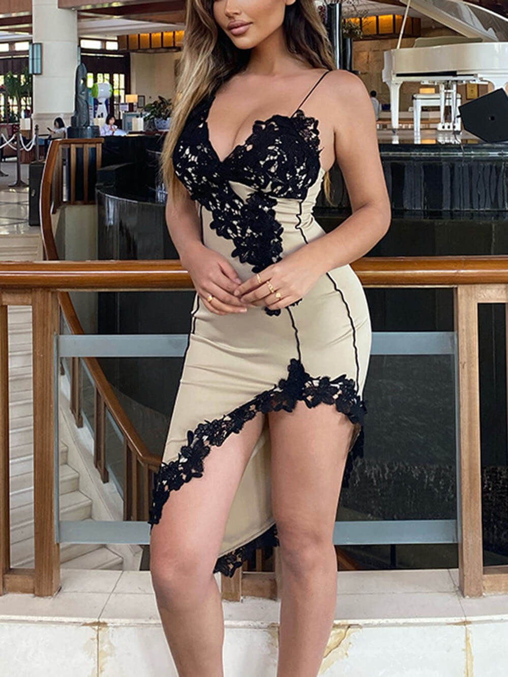 Lace Applique Spaghetti Strap Deep V-Neck High Split Asymmetrical Hem Bodycon Midi Dress