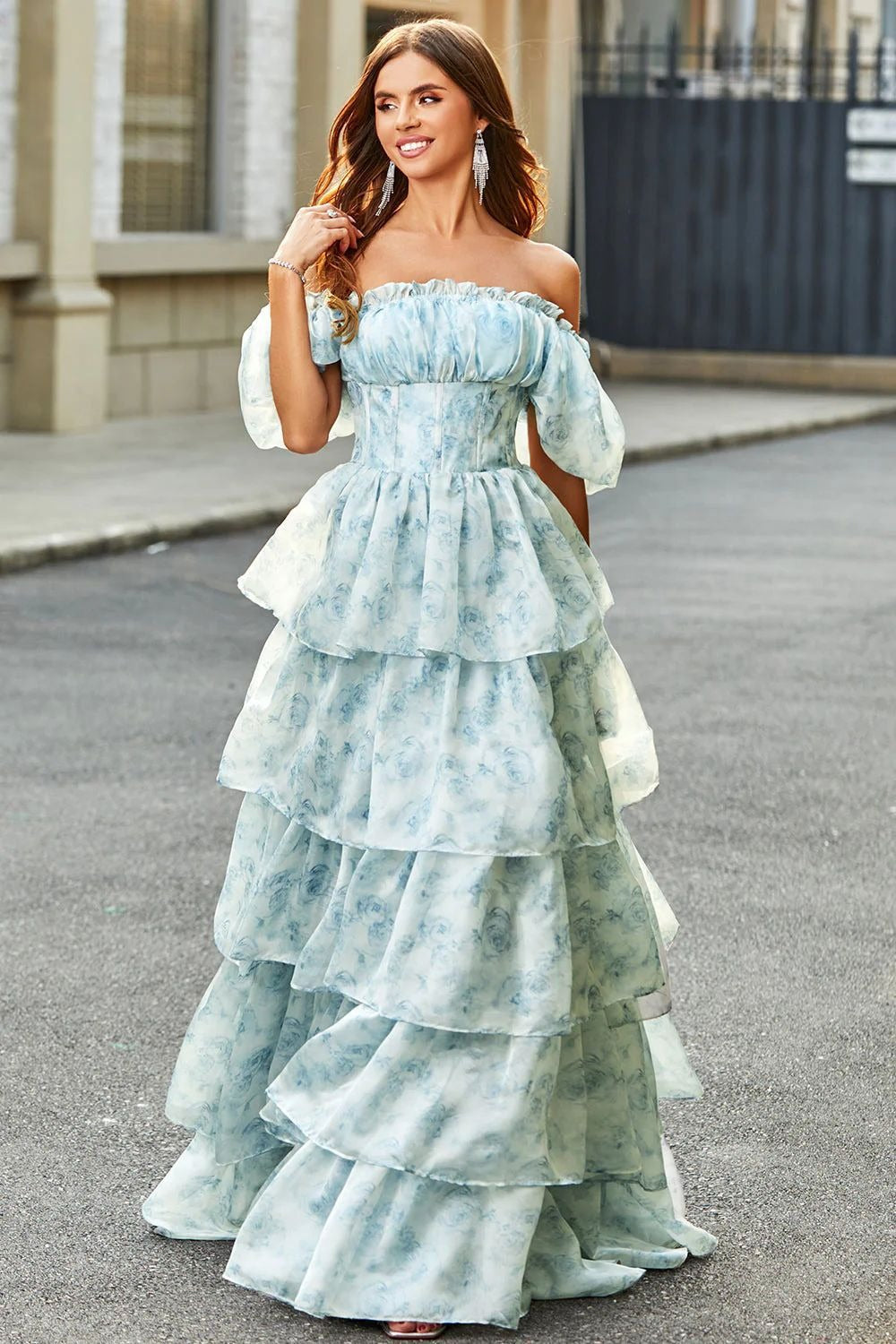 Blue Off Shoulder Ruffle Corset Bodice Tiered Ruffle Floral Print Maxi Dress