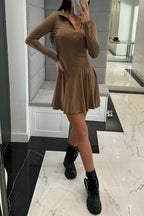 Polo Collar Deep V-Neck Paneled Skater Lettuce Hem Mini Dress