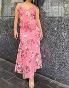 Floral Print Spaghetti Strap Peplum Top Mermaid Ruffle Maxi Skirt Set