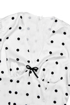 Polka Dot Deep V-Neck Puff Sleeve Ribbon Bow Bodycon Maxi Dress