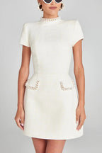 Leslie Timeless Exquisite and Playful Mini Dress Made of Tweed Fabric with Beaded Trim, Short Sleeves and Pockets Elevated Occasion Wear