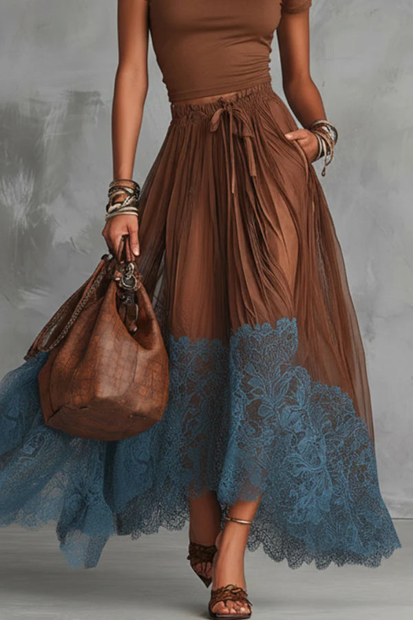 Stylish Round Neck Short-sleeved Fitted Top and Elastic Waist Pockets Lace Hem Maxi Skirt Set
