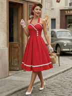 Retro Glamour Dress 1950s Style Burgundy Layered Buttons Sleeveless Sweetheart Neck Swing Dress