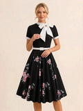 Vintage 1950s Midi Dress For Women - Bow Tie Neck Printed A-Line Swing Dress - Spring Tea Party 2026