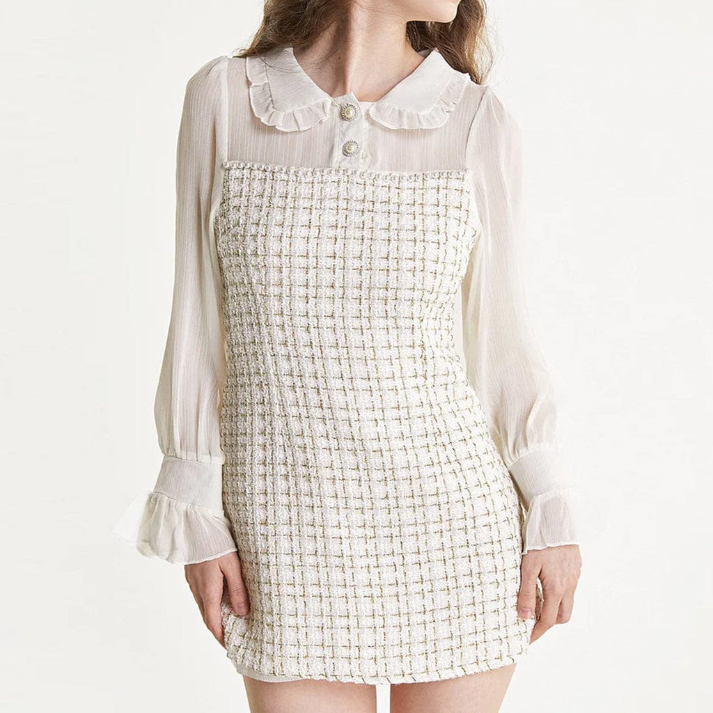 Mesh Yoke Peter Pan Collar Balloon Sleeve Tweed Pearl Trim Mini Dress