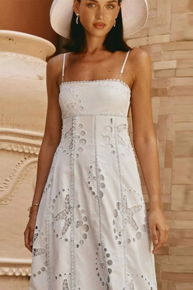 White Spaghetti Strap Square Neck Eyelet Starfish Embroidery Back Tie Maxi Dress