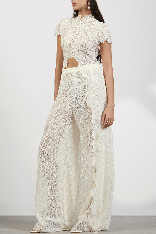Elegance Avant-garde Floral Lace Short Sleeve High Low Top and High Rise Wide Leg Pants Set