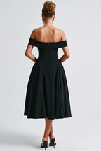 Off Shoulder Foldover Cuff Pleated Pocket Fit and Flare Midi Dress