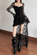 Lace Long Sleeve Lace Up Corset Sweetheart High Low Train Mini Dress