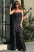 Black Square Neck Spaghetti Strap Contrast Polka Dot Slit Maxi Dress