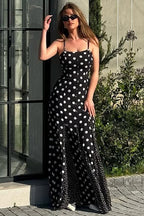 Black Square Neck Spaghetti Strap Contrast Polka Dot Slit Maxi Dress