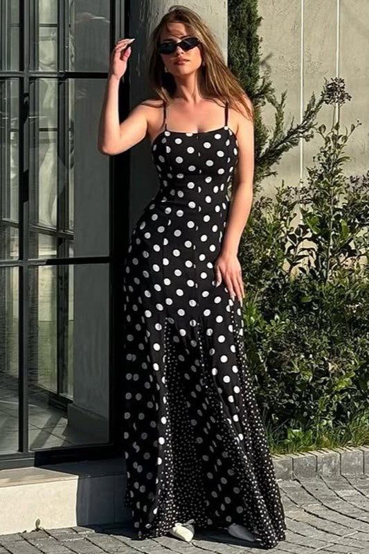 Black Square Neck Spaghetti Strap Contrast Polka Dot Slit Maxi Dress