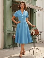 Vintage Glamour Dress Turndown Collar Buttons 1950s Style Short Sleeves Medium Yellow Rockabilly Dress