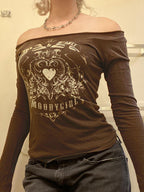Vintage Heart Print Off Shoulder Long Sleeve Tee
