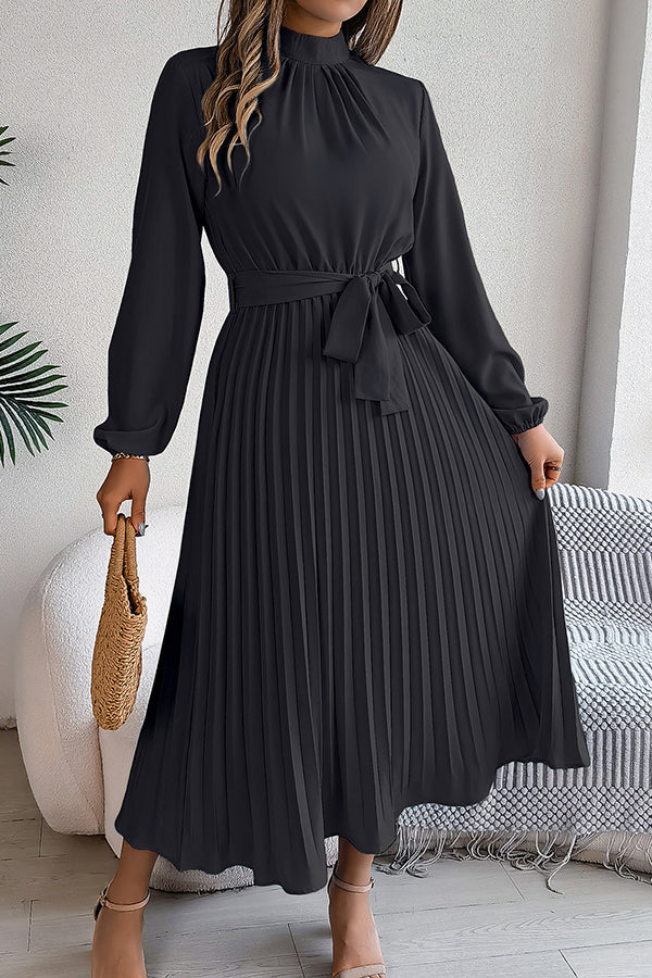 Mock Neck Lantern Sleeve Belted Pleated A-Line Midi Dress