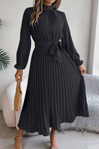 Mock Neck Lantern Sleeve Belted Pleated A-Line Midi Dress