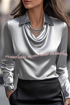 Solid Color Lapel Long Sleeve Casual Top