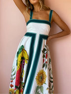 Botanical Fruit Print Square Neck Contrast Trim A-Line Maxi Dress