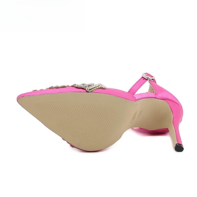 Crystal Satin Ankle Strap Pointed Toe Bridal Stiletto Heels for Women