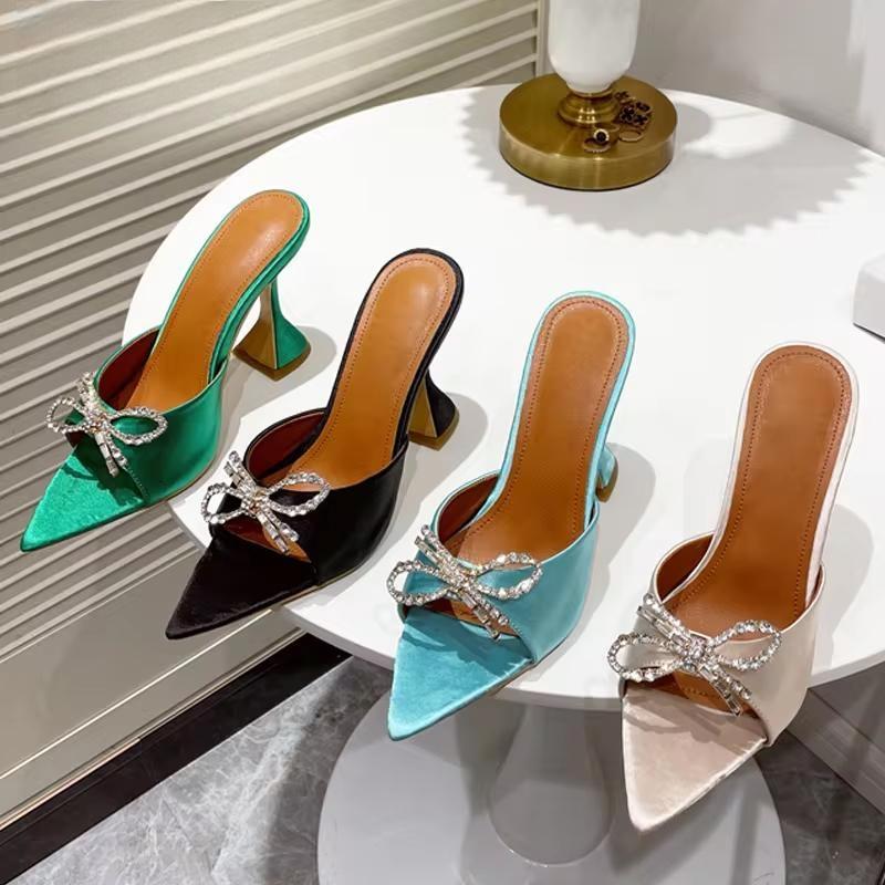 Butterfly-knot Crystal Thick Heel Slippers