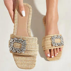 Summer Glitter Rhinestone Women Sandals with Flat Bottom