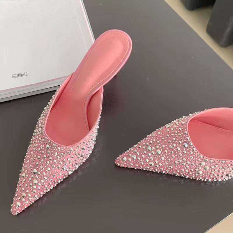 Sexy Party Prom Rivet Women Slippers with Pointed Toe and Thin High Heels