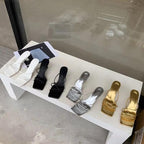 Summer Gold Slipper Low Heel Slides Peep Toe Sandal with Square Heel