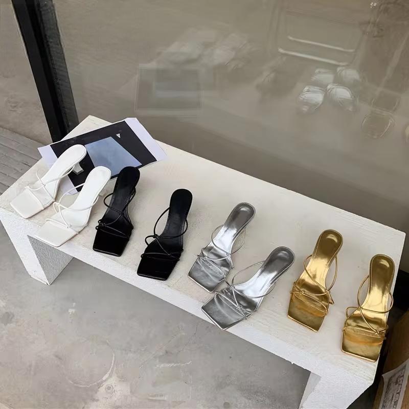 Summer Gold Slipper Low Heel Slides Peep Toe Sandal with Square Heel