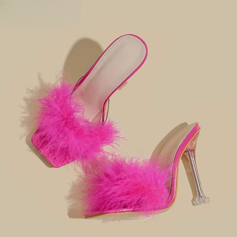 Feather Transparent High Heel PVC Shoes Slippers for Women with Fur Pumps