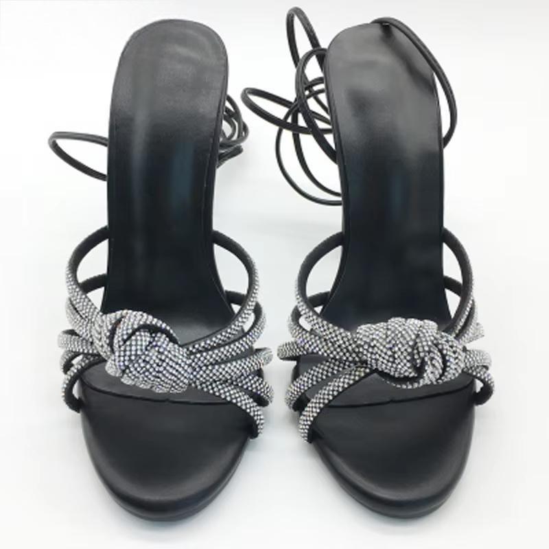 Crystal Peep Toe Ankle Strap Sandals with Thin Heels for Women's Party or Stripping