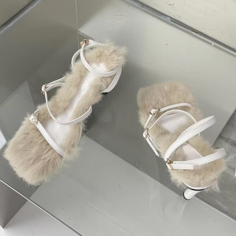 Plush Fur Fuzzy Sandals with Thin Heels for Women