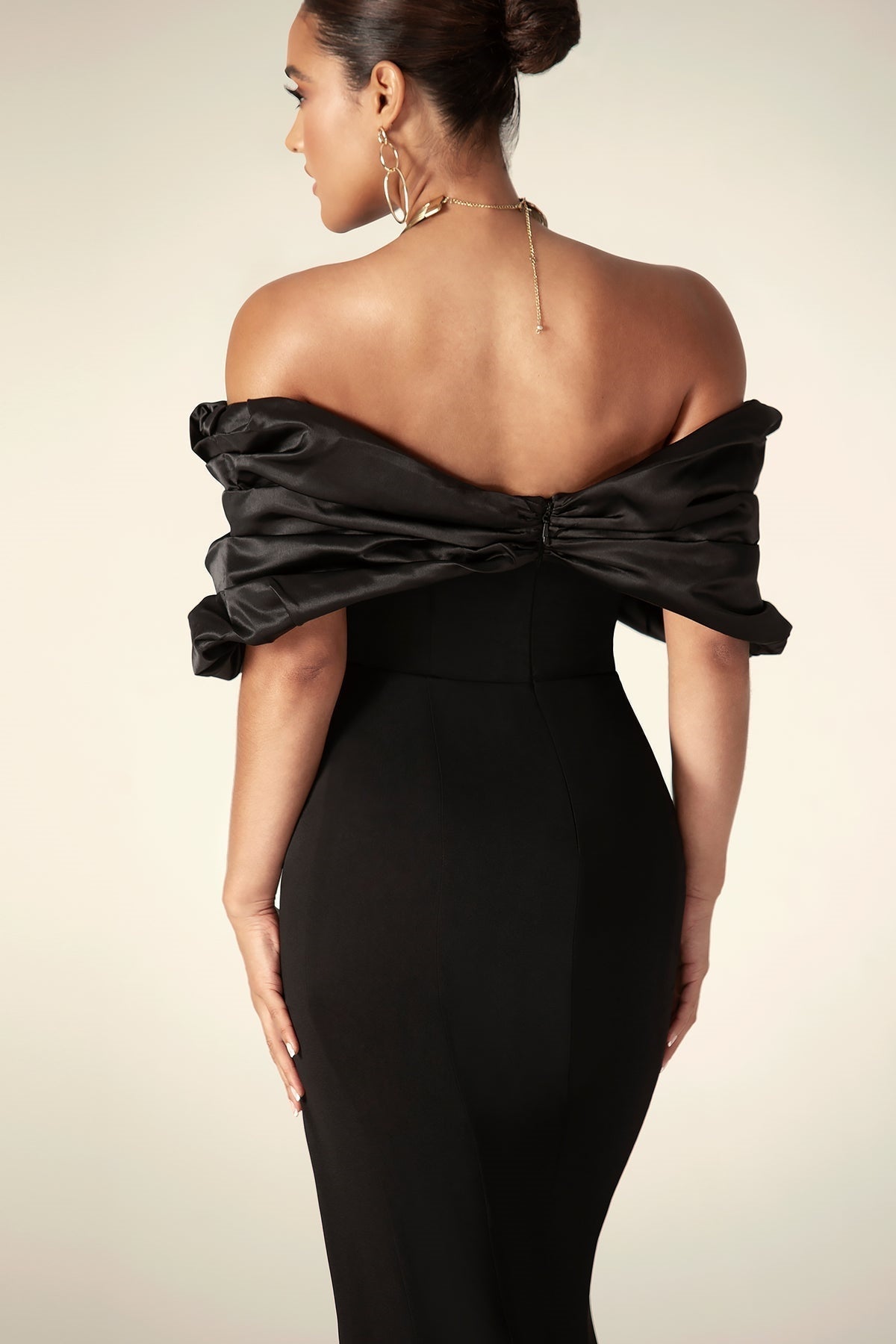 Off Shoulder Draped Satin Bodice High Split Column Maxi Gown