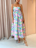 Square Neck Spaghetti Strap Empire Waist Tropical Floral Babydoll Midi Dress