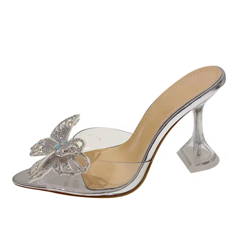 Crystal Bowknot Women Slippers with Sexy Pointed Toe and Strange Heels