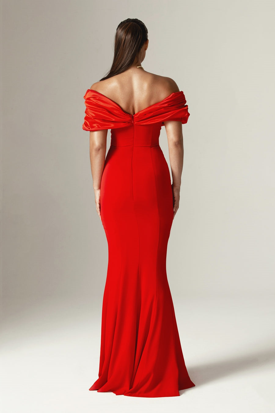 Off Shoulder Draped Satin Bodice High Split Column Maxi Gown