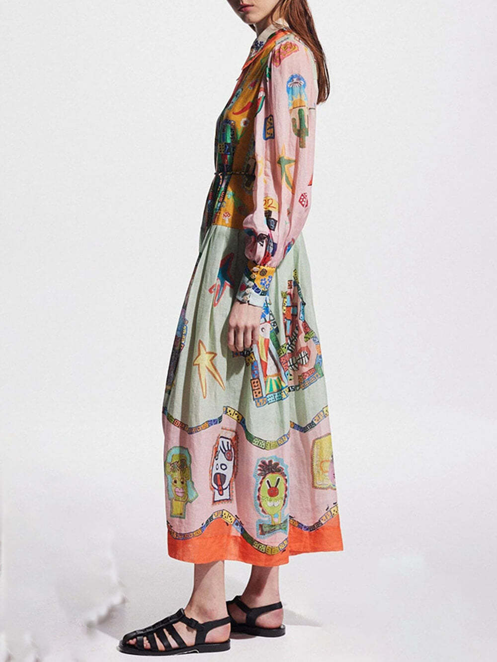 Long Sleeve Button Front Tie Belt Graphic Print Pleated Midi Shirt Dress