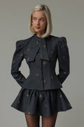 Embroidered Waist-Cinched Blazer & Mini Skirt Two Piece Set