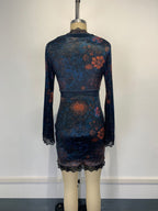Lace Trim Floral Print Velvet V-Neck Bodycon Long Sleeve Mini Dress For Women 2026