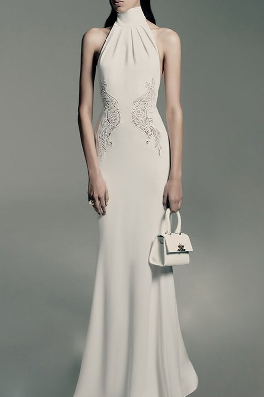 Lace Insert Halter Neck Sleeveless Pleated Column Reception Gown